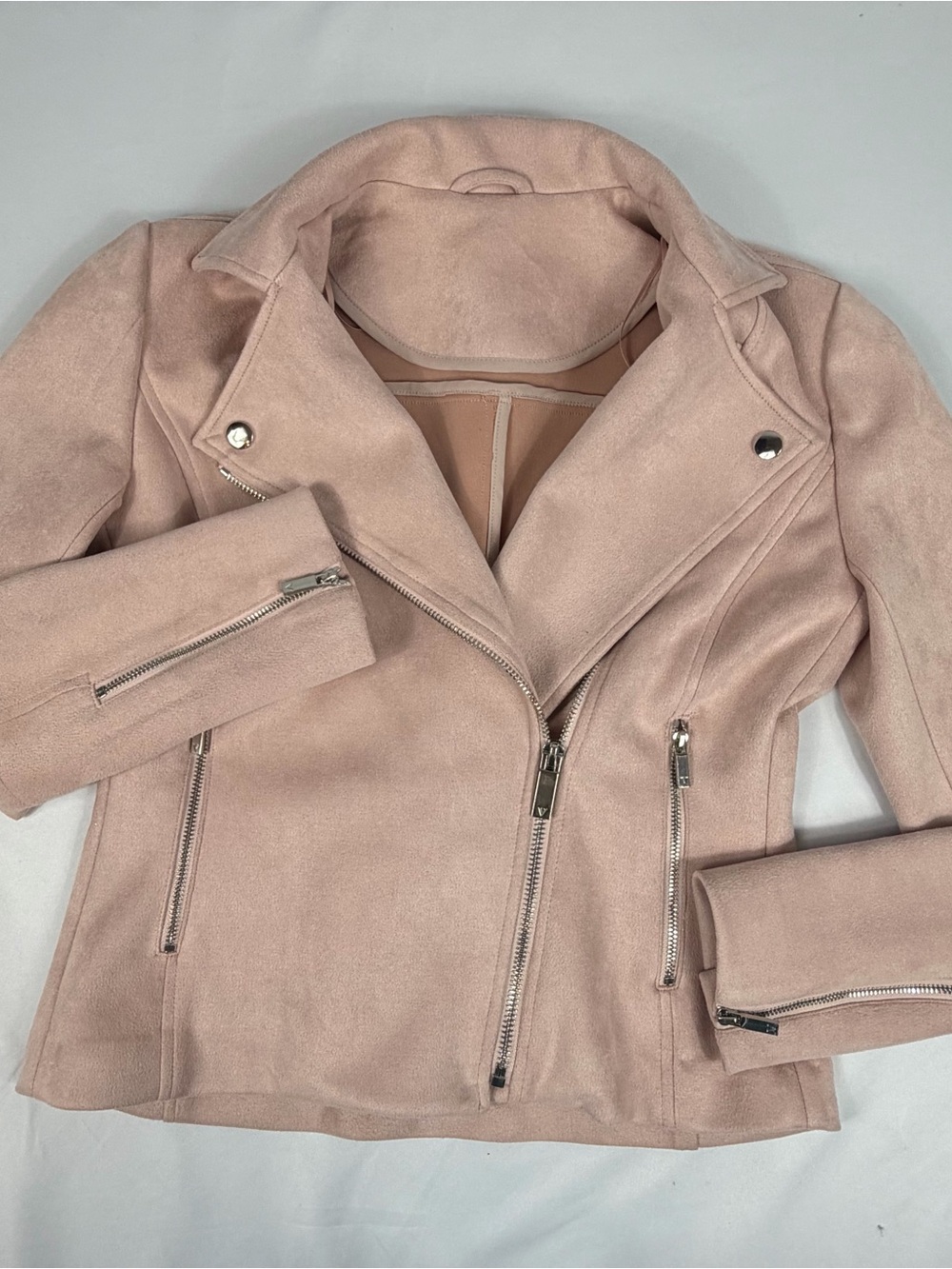 Blush Pink Faux Suede Moto Jacket Silver Zippers Women’s Small